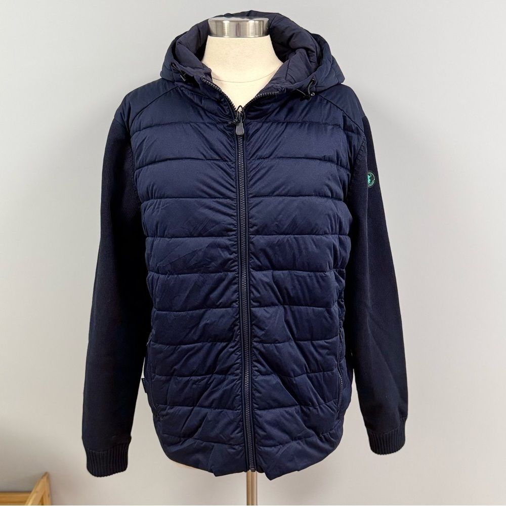 NWT Save the Duck Hybrid Jacket Puffer Knit Hooded Women’s L Navy Eco Friendly